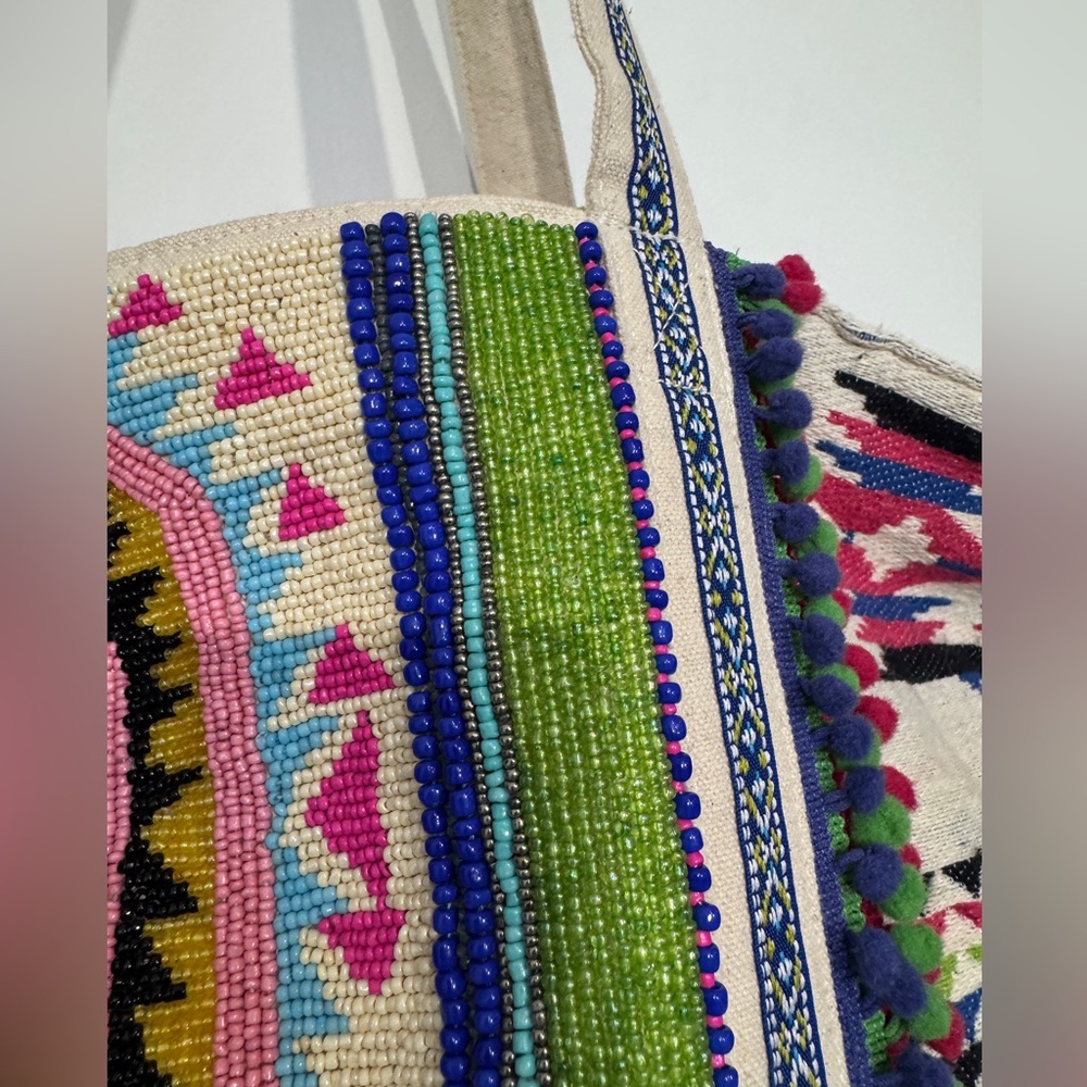 America & Beyond Hand Beaded Boho Tote Bag NWT Tribal Pom Pom Large Weekender - Picture 7 of 16